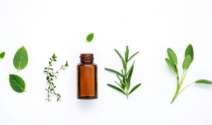Homeopati yan yana mesafeli aralarında biraz boşluk olacak şekilde dizilmiş. Sırası ile; 2 yaprak, bir küçük yapraklı bitki, sıvı ilaç şişesi kahverengi, uzun yapraklı bir bitki